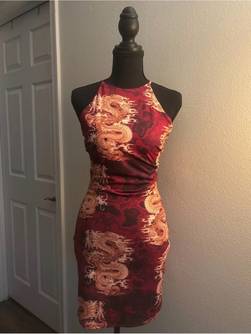 NWOT Fashion Nova Burgundy & Gold Dragon-Print Halter Mini Dress